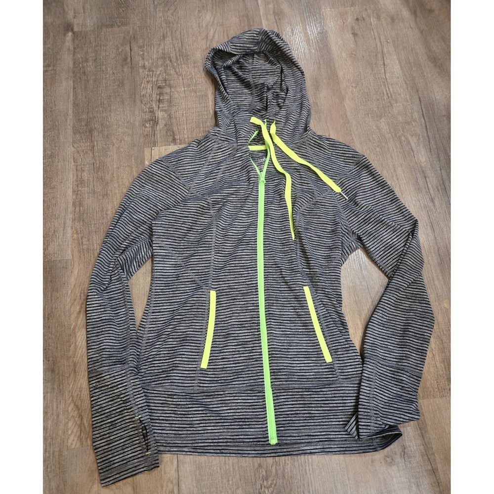 Lukka Women's Top Striped Neon Active Wear Hoodie Zip Front Size M